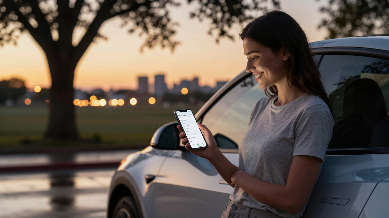 Vlastník Tesly kontroluje servisní historii na mobilu při západu slunce.
