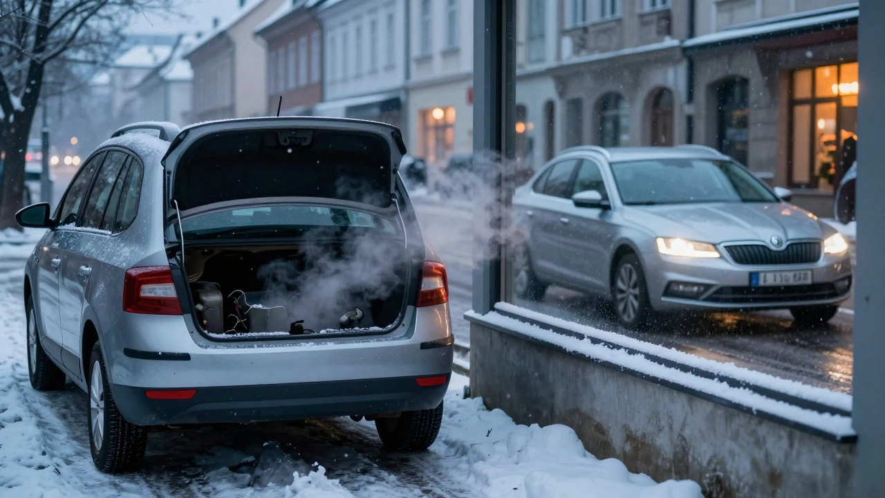 Zastaralé auto Škoda Favorit na sněhu s otevřeným motorem, v odrazu okna moderní Octavia.