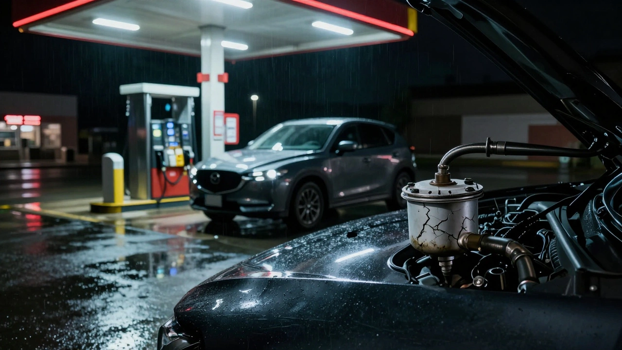 Zatížený palivový filtr na krytu auta u nekvalitní čerpací stanice.