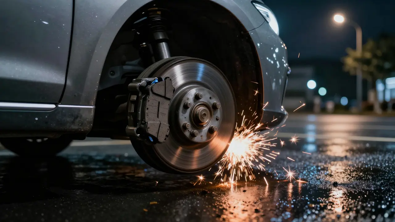 Auto na mokré silnici s poškozenými brzdovými destičkami, které třískají o kotouč.