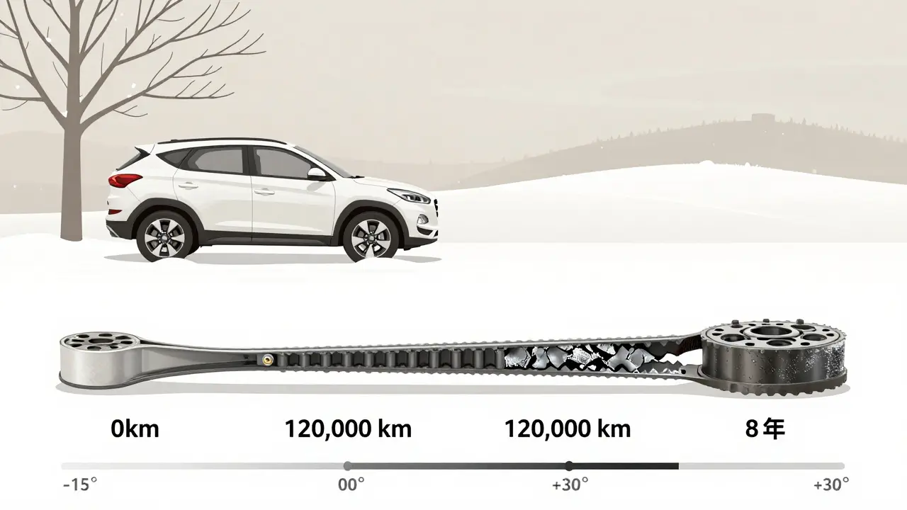 Časová osa ukazující degradaci řemene rozvodu s věkem a teplotou.