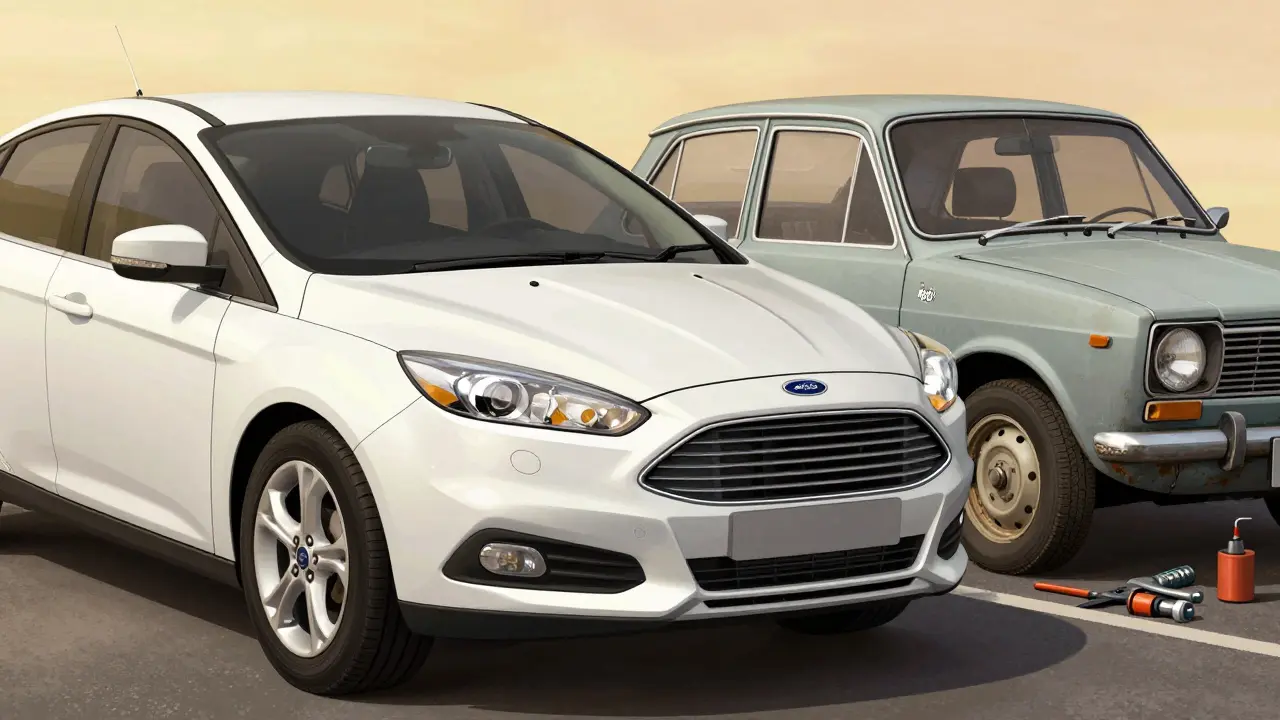 Čisté Ford Focus s 180 000 km proti zkorodovanému autu, viditelná záruka proti prohnilosti.