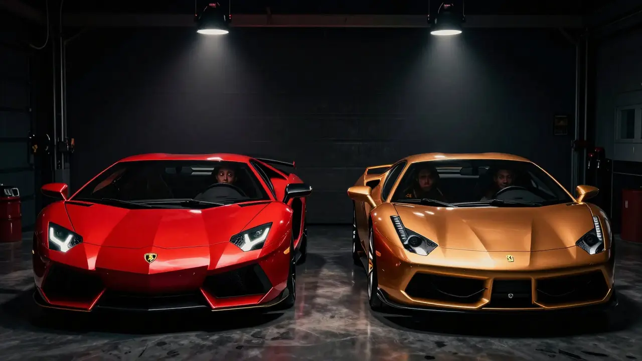 Dvě superauta v temné garáži, osvětlená proti sobě jako symbol agresivity a elegance.