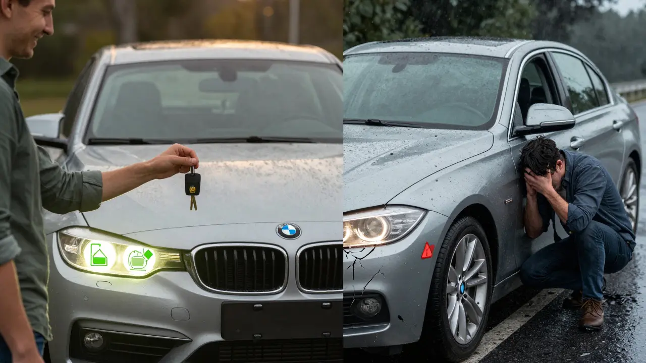 Dvě verze BMW: jedna s bezpečnou údržbou a druhá s poruchami a nouzovým zastavením na silnici.