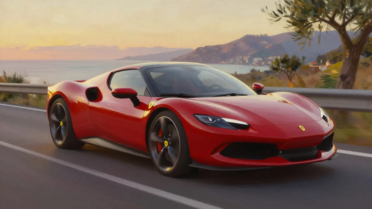 Elegantní červené Ferrari 296 GTB na pobřežní silnici při západu slunce.