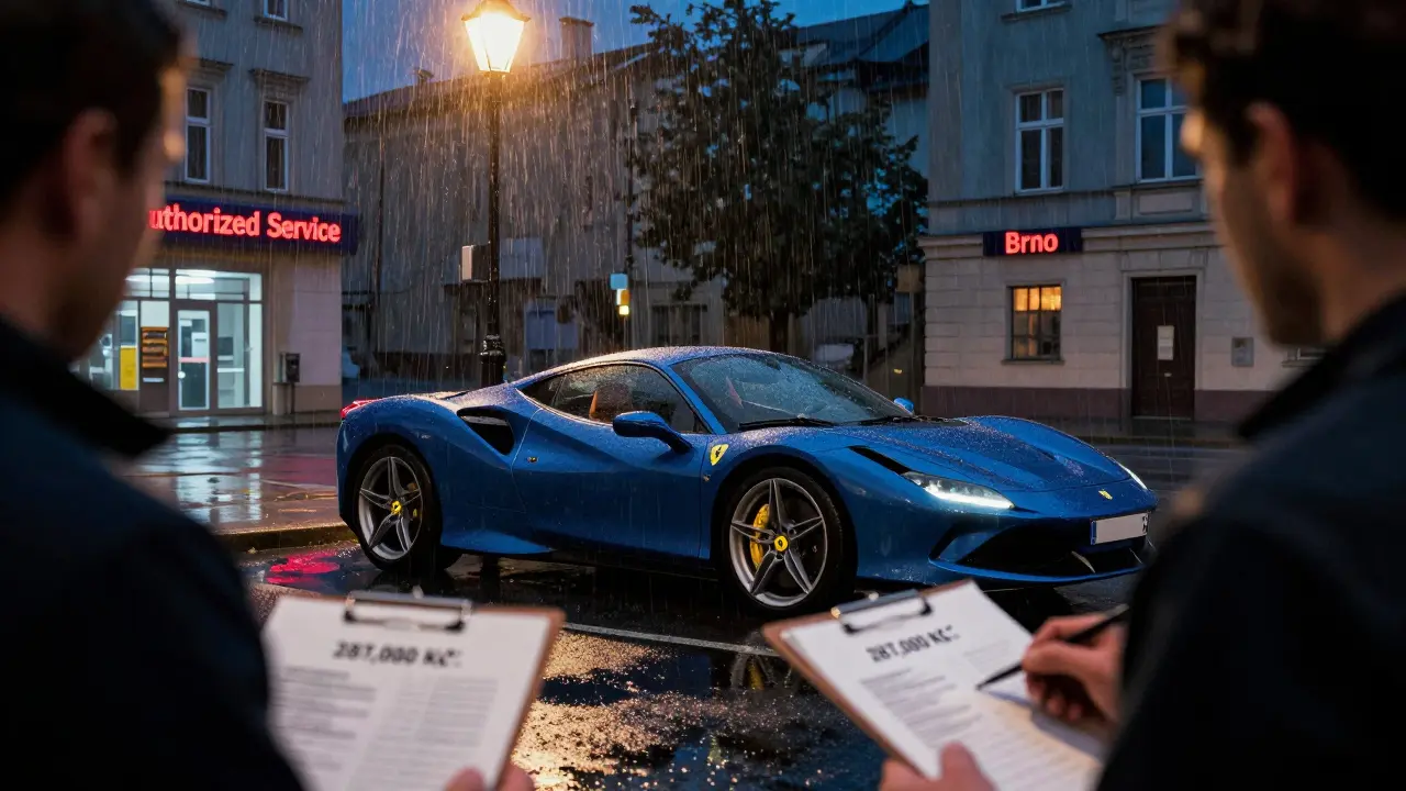 Ferrari F8 Tributo v dešti v Brně pod osvětleným nápisem 'Autorizovaný servis'.