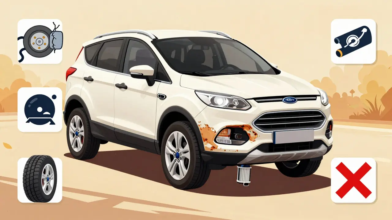 Ford Kuga s viditelnou korozi na nápravě a chybějícím filtrem částic.
