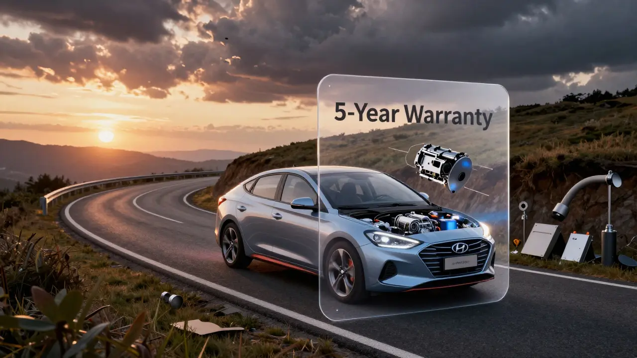 Hyundai na silnici pod průhledným štítem záruky 5 let / 100 000 km.