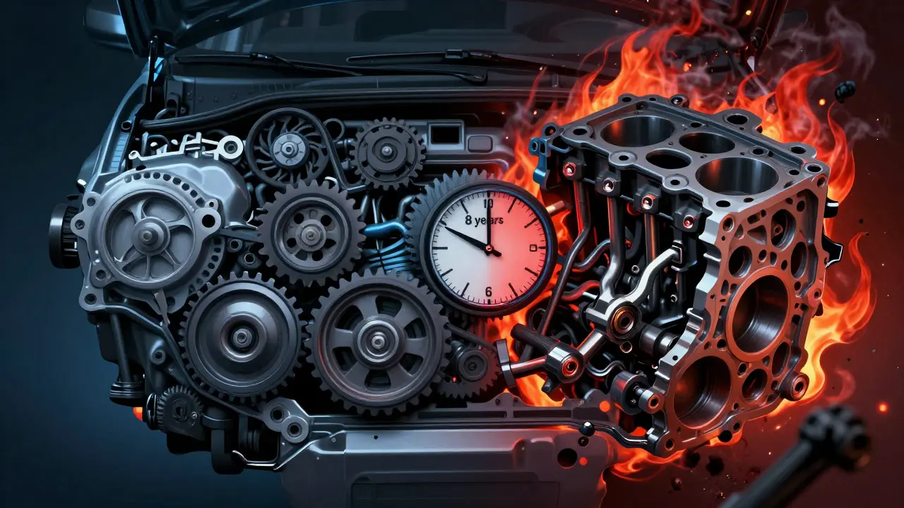 Konceptuální obrázek zdravého a poškozeného rozvodu motoru automobilu.