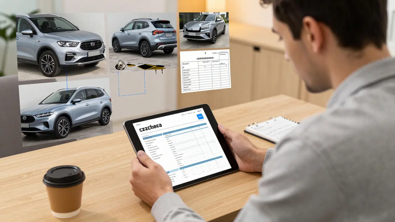 Kupující prohlíží technický protokol auta s fotografiemi oprav a servisních záznamů na tabletu.