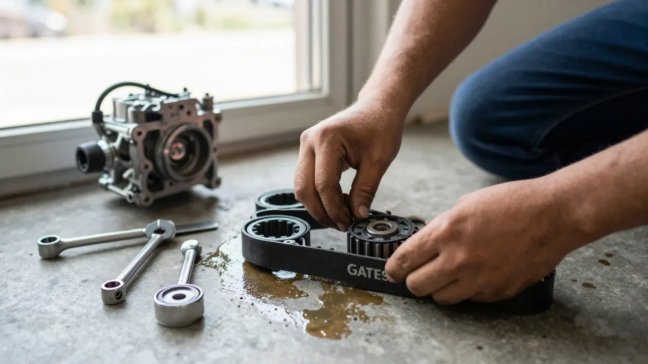 Mechanik instaluje nový rozvodový pás do motoru Renault s přesnými nástroji.