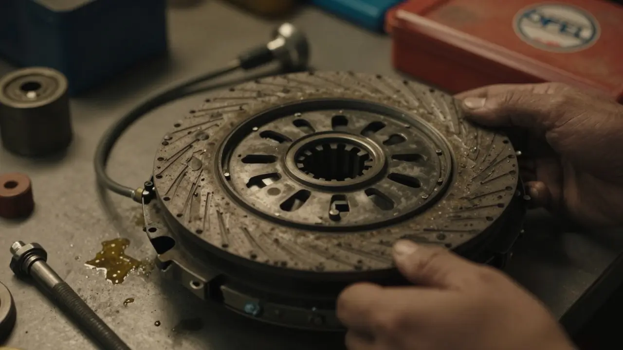 Mechanik prohlíží opotřebovanou spojku na pracovním stole s nářadím.