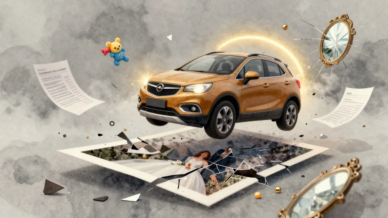 Opel Mokka visí ve vzduchu nad rozpadající se svatební fotografií, kolem ní padají dokumenty a hračky.