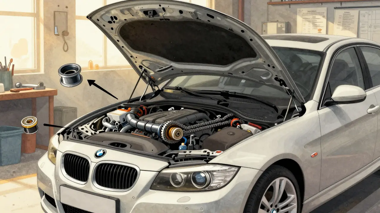 Otevřený motor BMW E90 s viditelnými poškozenými hadicemi, těsněními a řetězem rozvodového mechanismu.