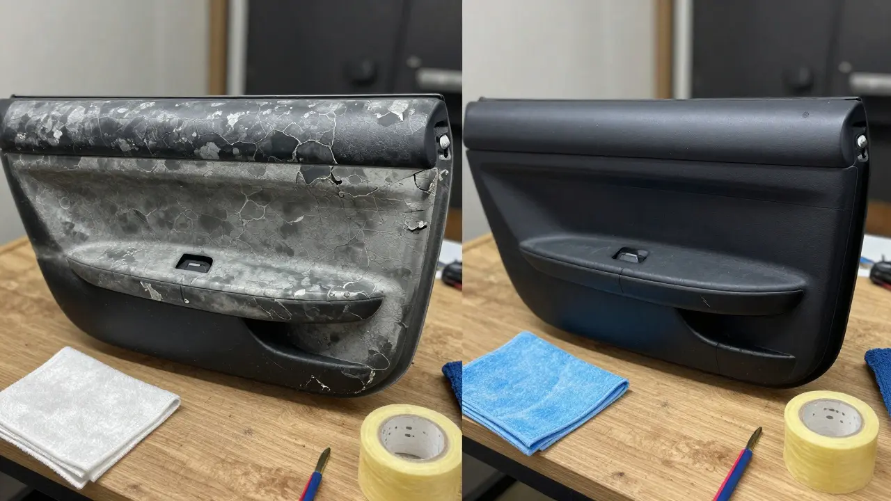 Před a po: poškozený plastový panel dveří BMW před a po obnově.