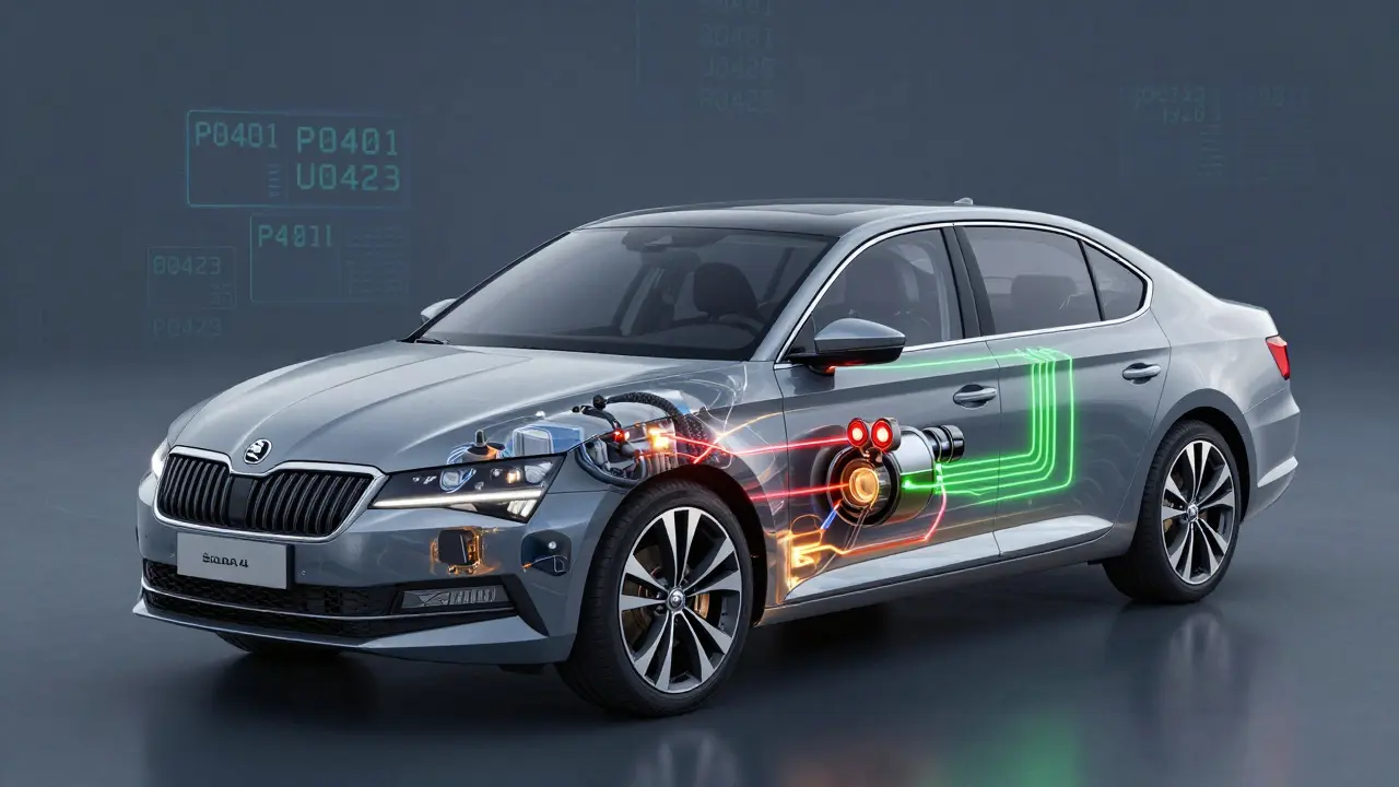 Přehledový náčrt Škody s transparentními systémy, kde jsou vidět chyby v EGR ventilu a senzorech.