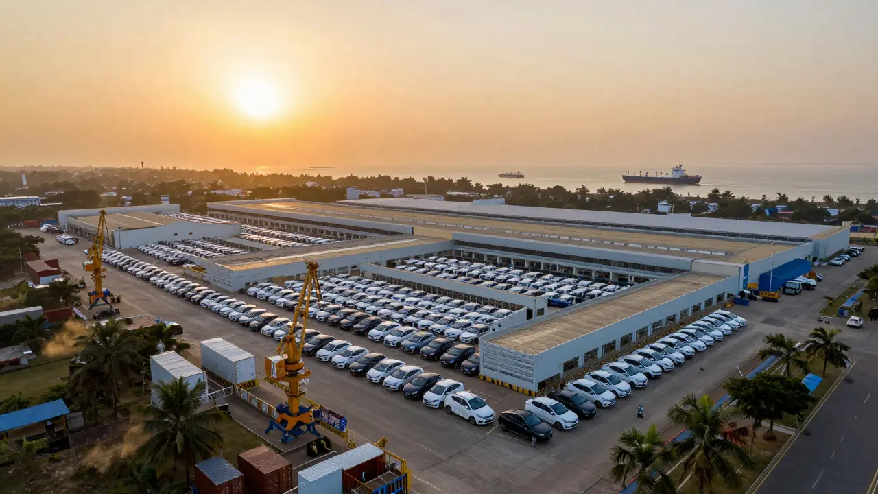 Přehledový pohled na továrnu Hyundai v Chennai, Indie, s tisíci aut čekajícími na vývoz.