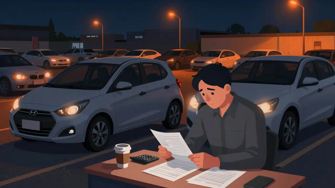 Prodejce aut pracuje pozdě večer v autodílně s papíry a kávou.