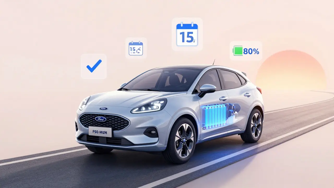 Průhledný hybridní Ford Puma s ukázkou elektromotoru a baterie, symbolizující dlouhou životnost.