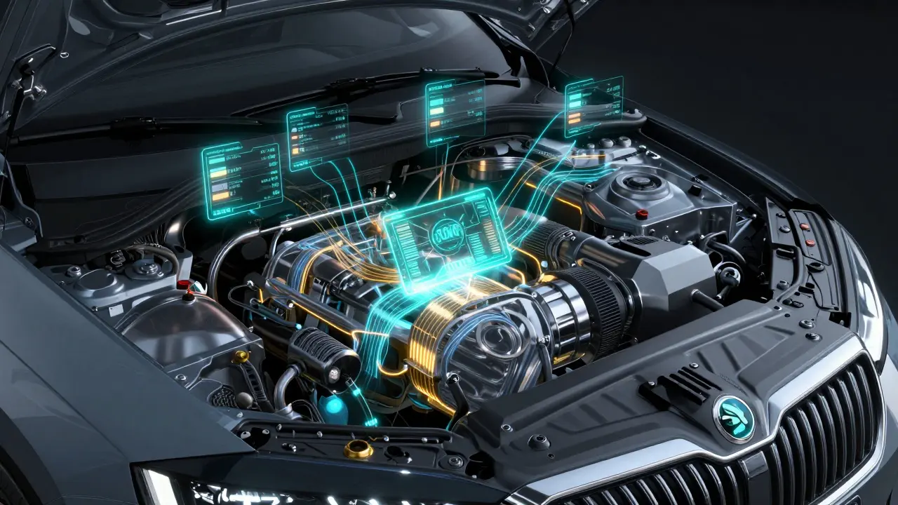 Průhledný motor Škoda Superb s digitálními daty senzorů překrývajícími součástky.