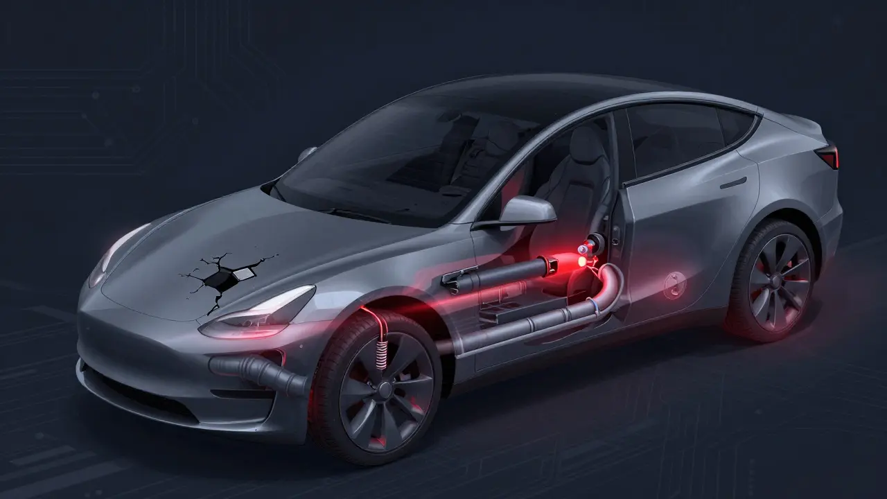 Průhledný náčrt podvozku Tesly s ukrytými vadami: potrubí chlazení, koroze a uvolněné šrouby.