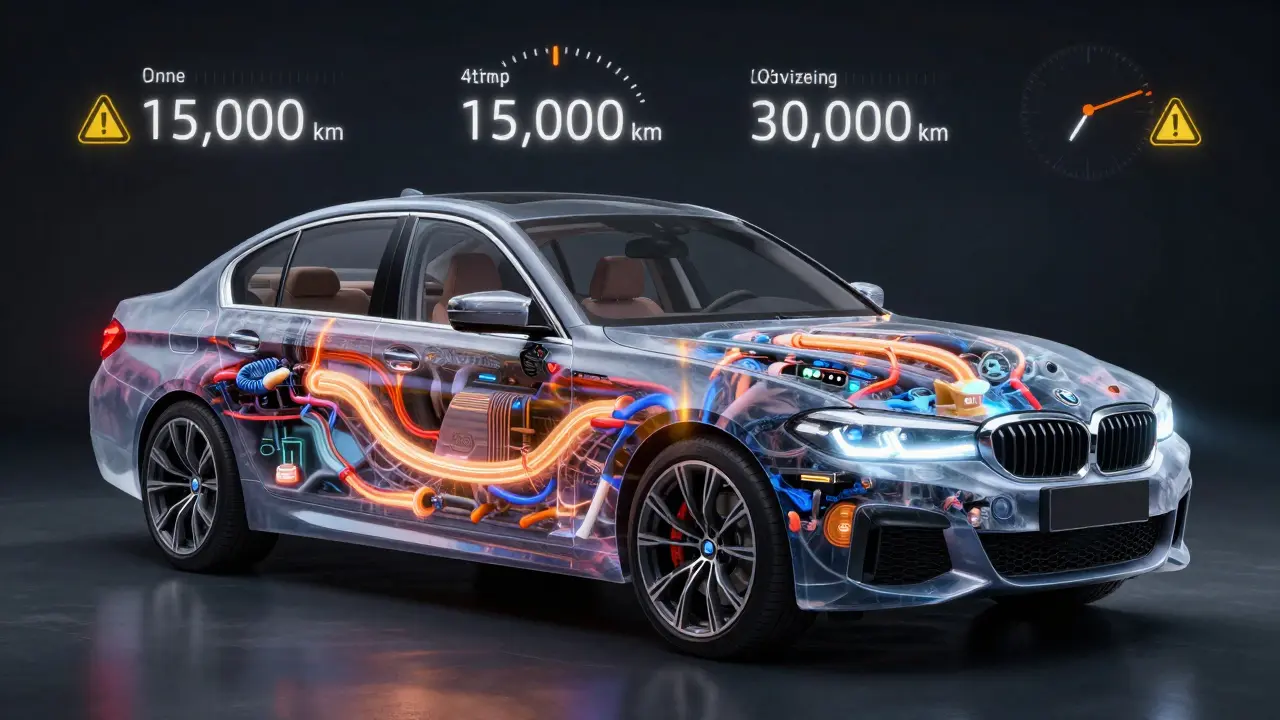 Průhledný pohled na vnitřní systémy auta BMW s označenými servisními intervaly.