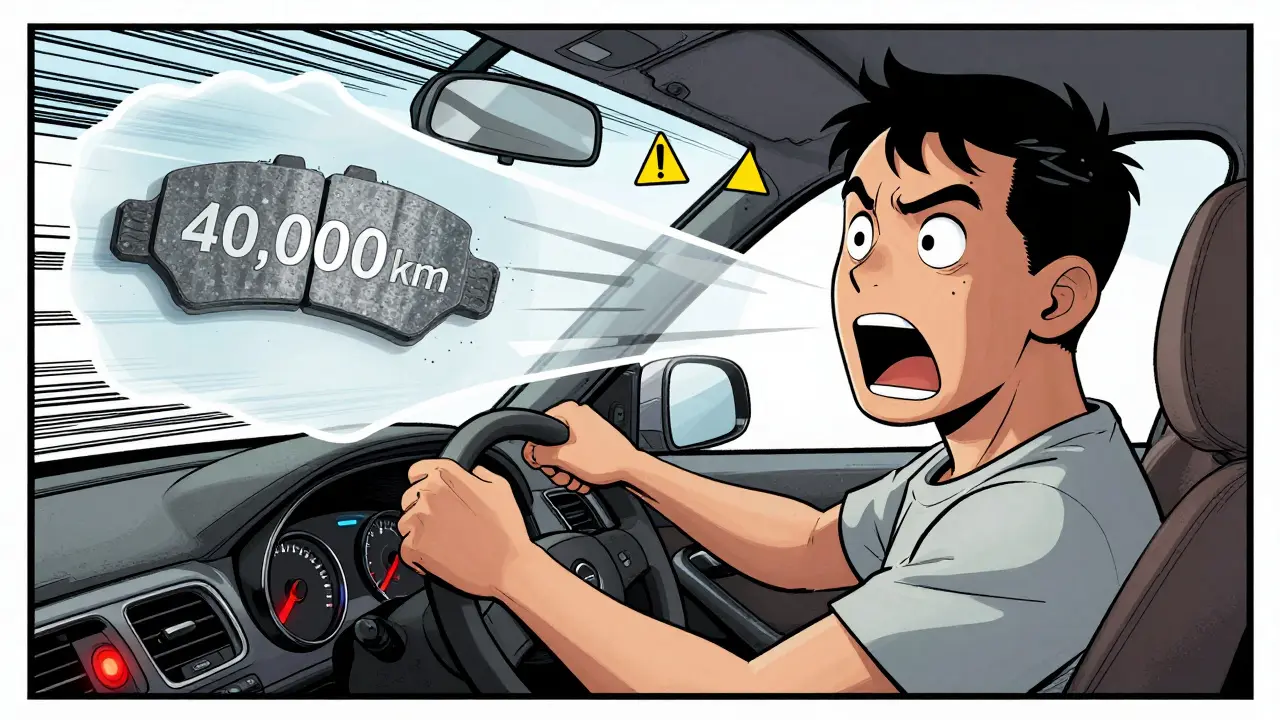 Řidič Opelu Mokka-e s upozorněním na palubním počítači a viditelným opotřebením destiček.