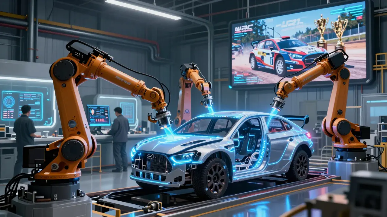 Robotická montážní linka v továrně Hyundai s přesnými svary a holografickými obrazovkami.