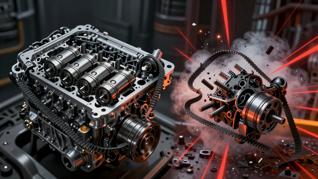 Rozdělený pohled na fungující a zničený motorový rozvod s poškozenými ventily.