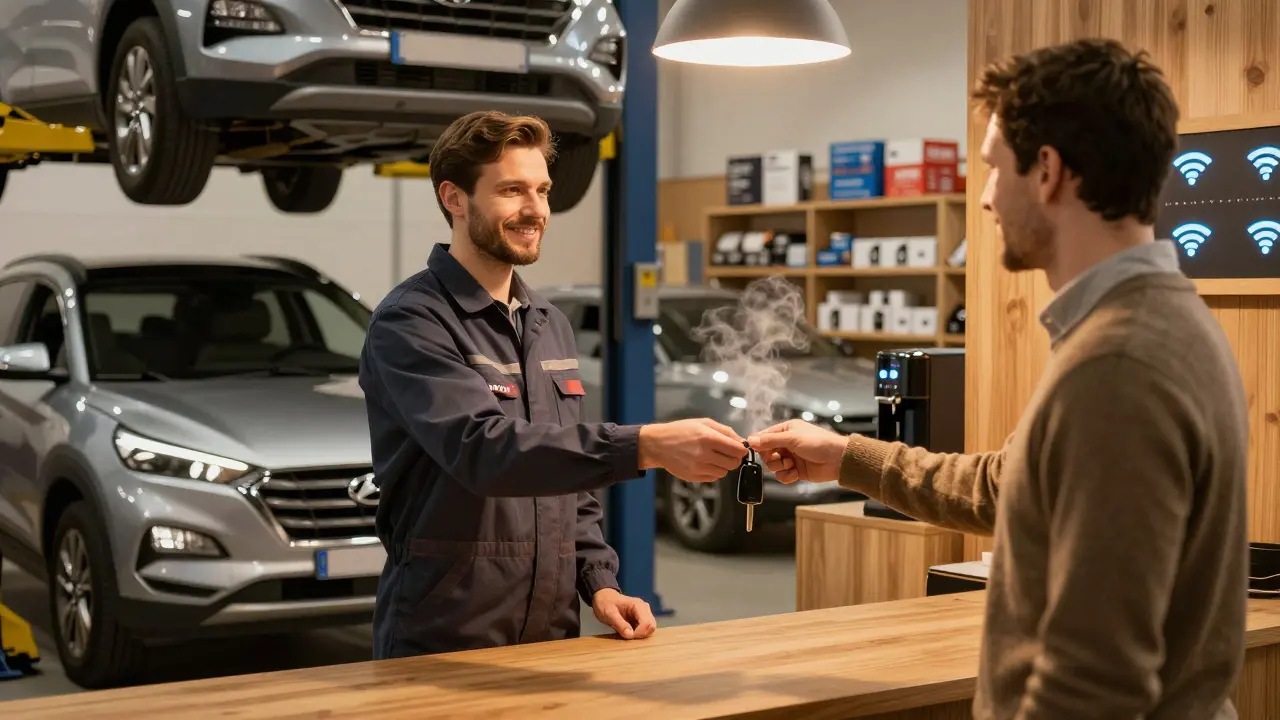 Servis Hyundai v Brně s technikem a zákazníkem, kteří si vyměňují klíče u nového auta.