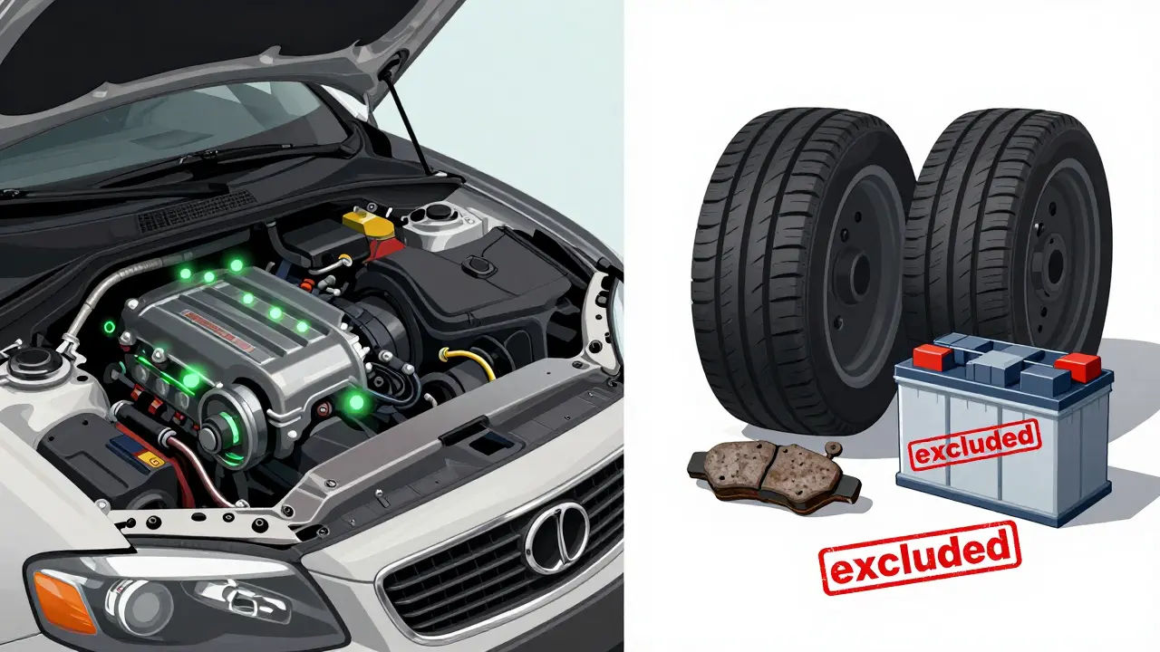 Srovnání pokrytých a vyloučených částí auta podle záruky Hyundai.