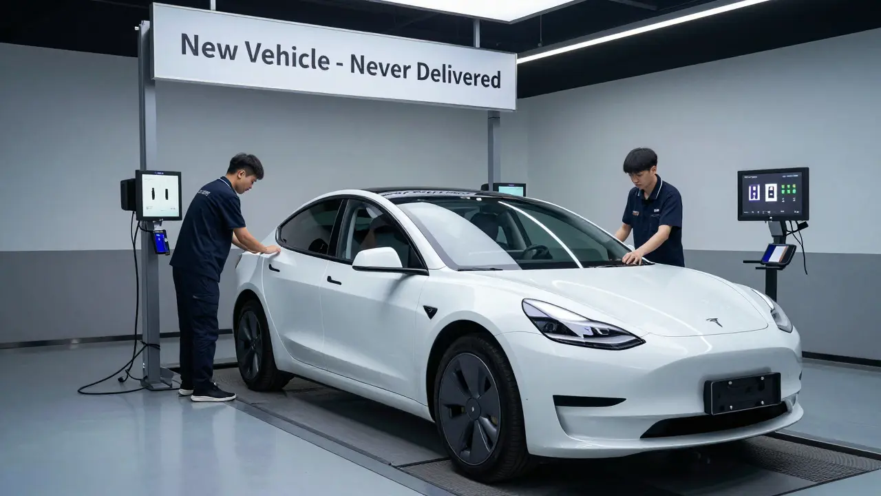 Technici kontrolují nové Tesla Model 3 v servisním prostoru.