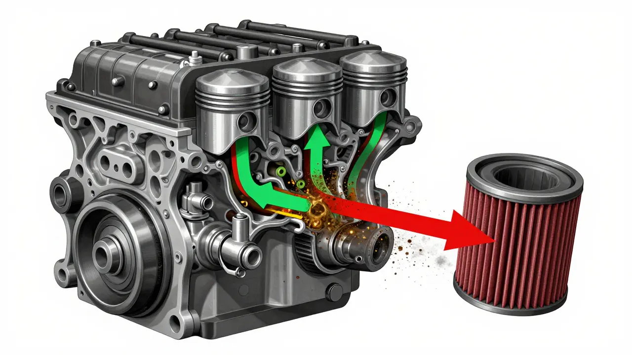 Technický náčrt motoru Škoda s tokem oleje: čistý olej filtračním systémem a špína obíhající kolem zatíženého filtru.