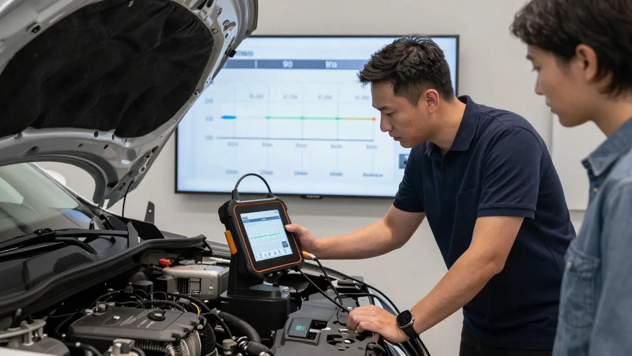 Technik kontroly rozvodu v Renault servisu s zákazníkem u monitoru.