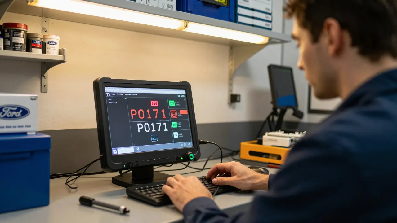 Technik v servisu diagnostikuje poruchu Fordu Mondeo pomocí diagnostického přístroje.