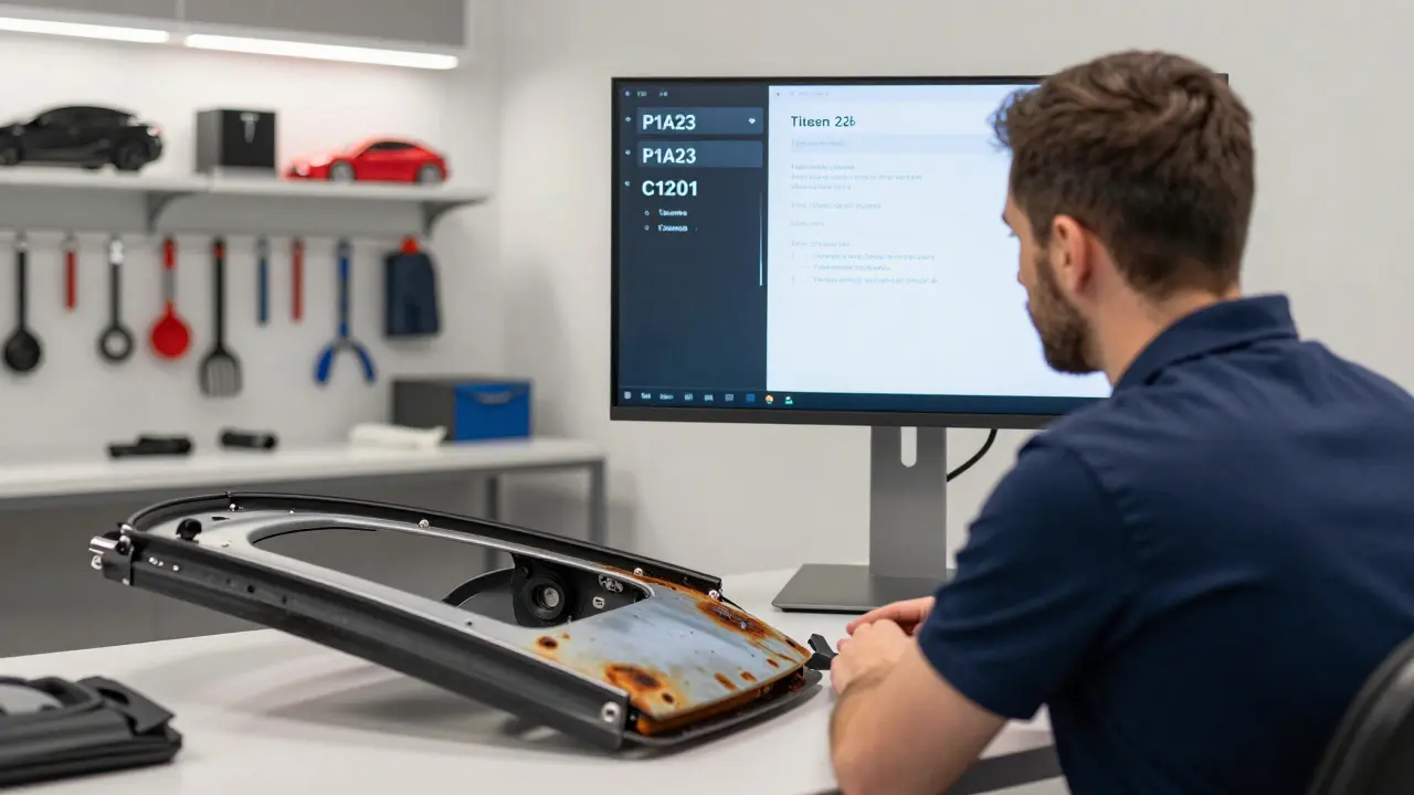 Technik v servisu pro Teslu analyzuje chybové kódy na obrazovce, vedle něj je demontovaný dveřní panel.