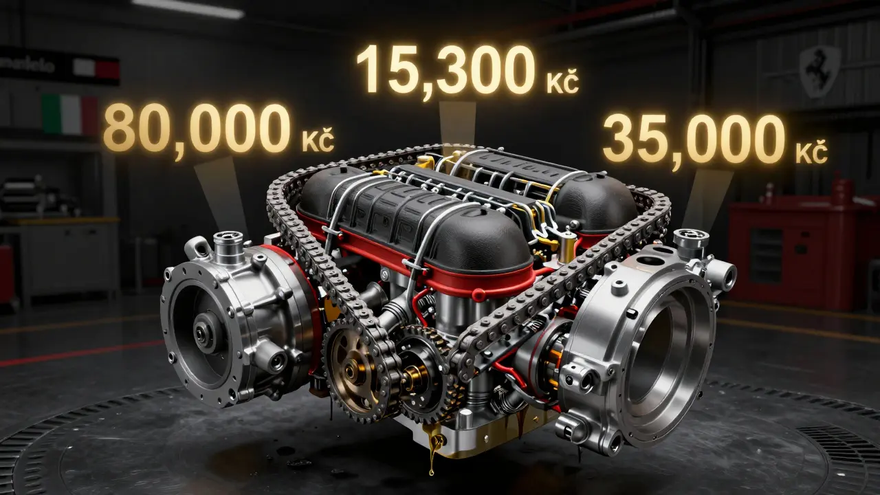 Transparentní náklady na servis Ferrari: olej, řetěz rozvodovky a klimatizace visí nad motorem.