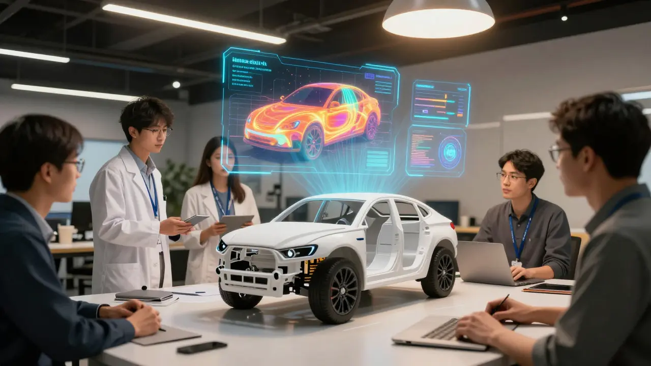 Tým inženýrů spolupracuje u prototypu auta s holografickými simulacemi tepelného managementu.