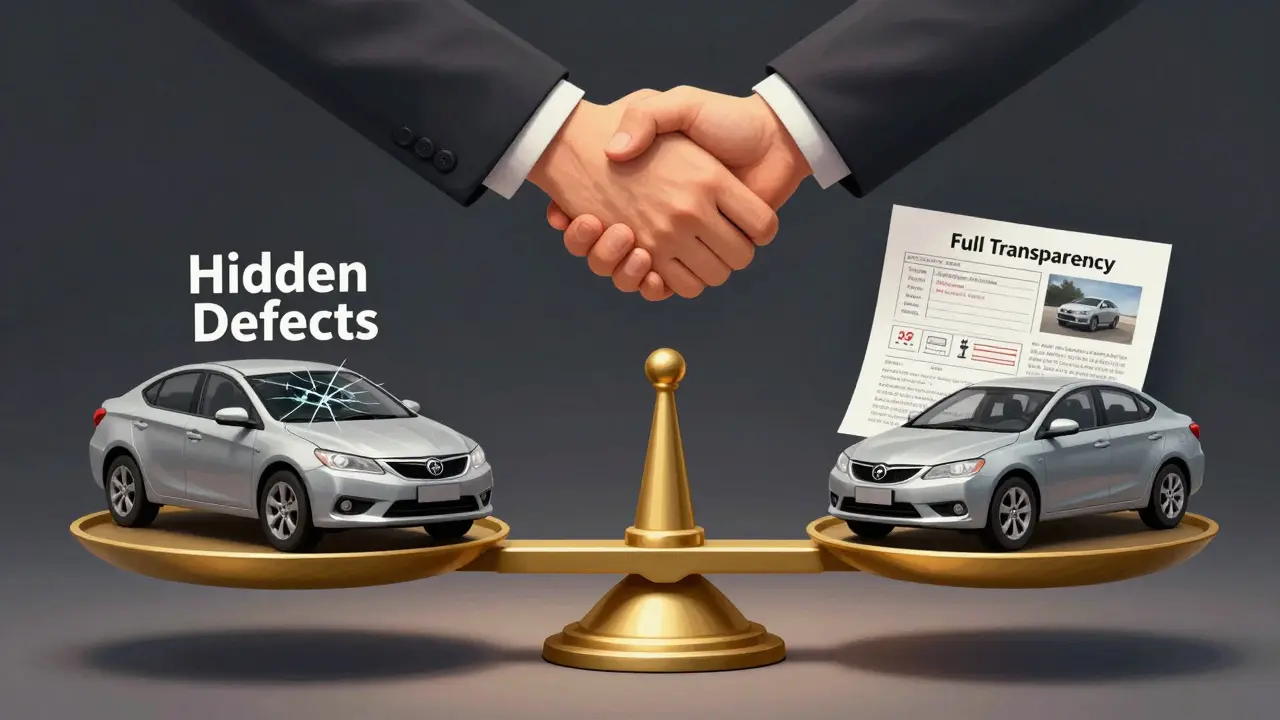 Váhy symbolizují rozdíl mezi skrýváním vad a upřímným technickým popisem auta.