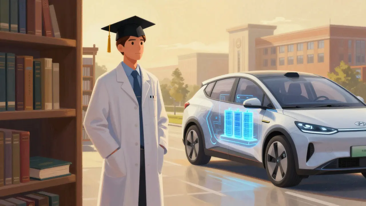 Vědec stojí mezi akademickou knihovnou a budoucností elektromobilu s pokročilými bateriemi.