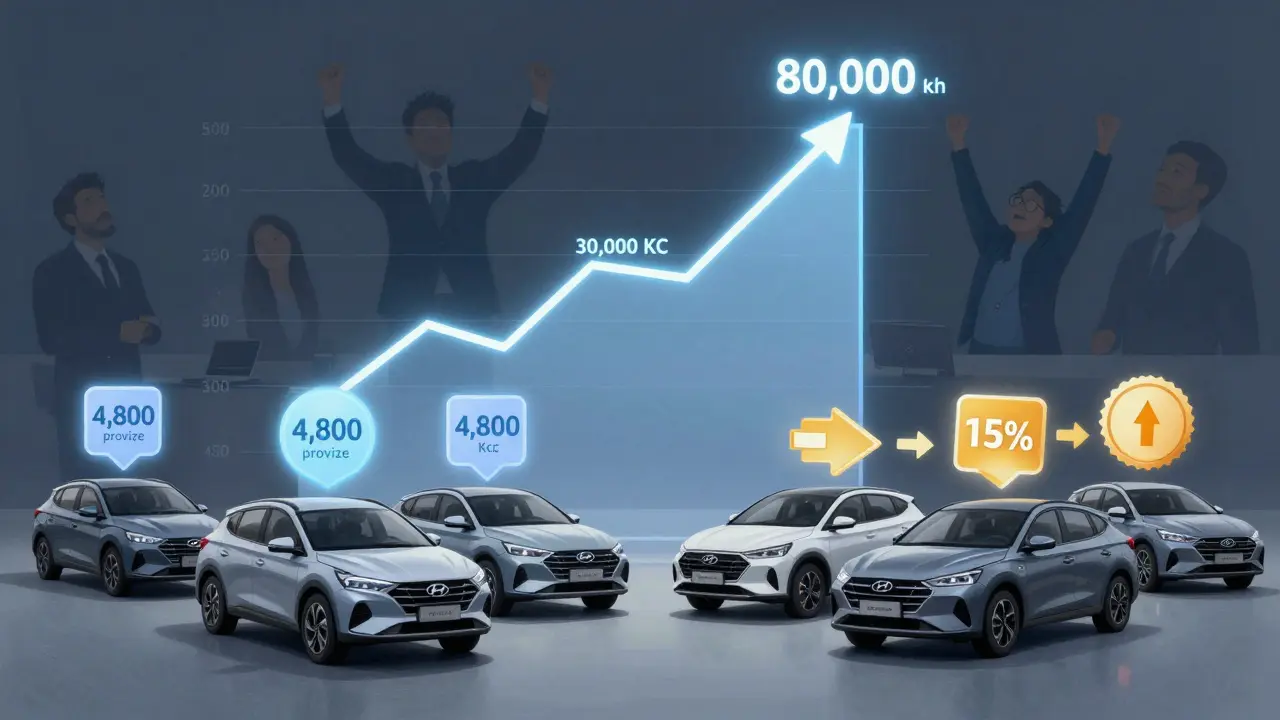 Vizualizace výdělku prodejce aut z nových a použitých vozů.