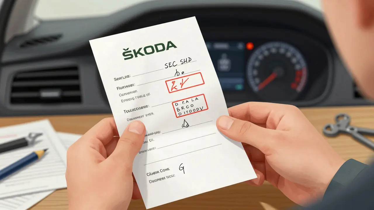 Vlastník auta drží fakturu z neoficiálního servisu vedle servisní knížky.