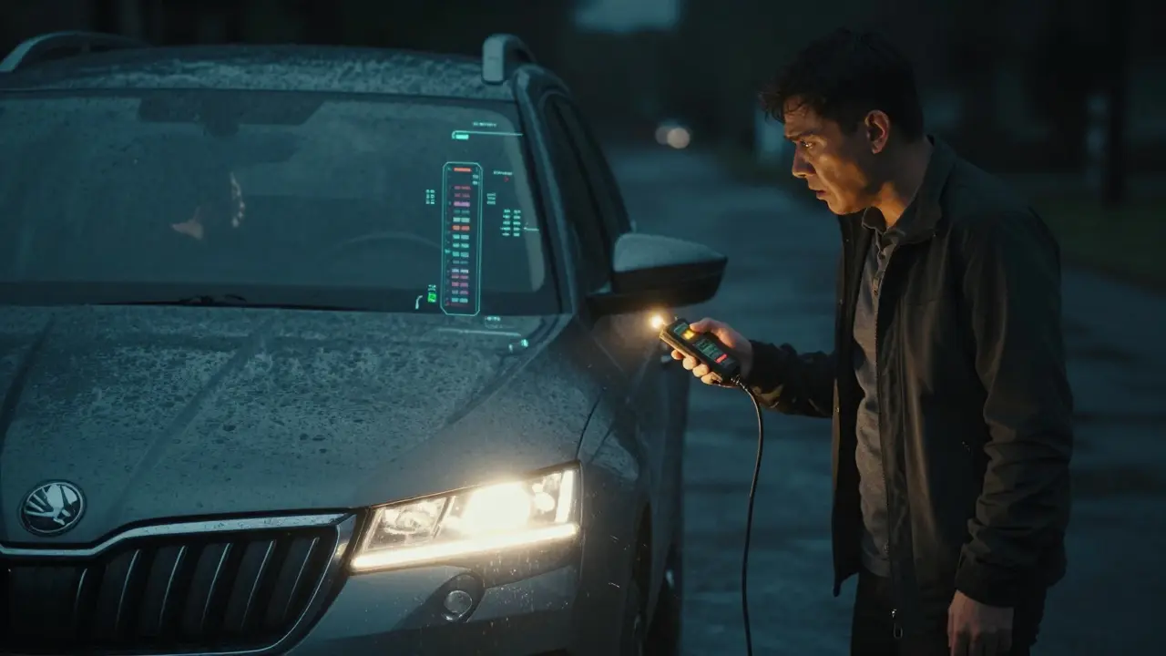 Vlastník sleduje chybové kódy nad autem Škoda Kamiq v noci při dešti.