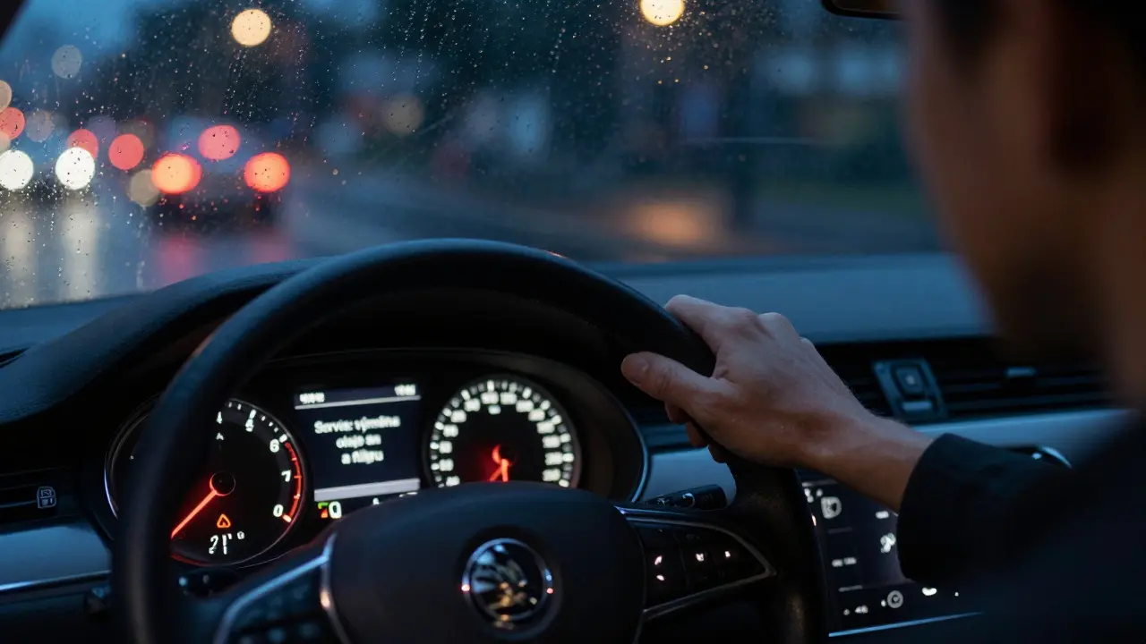 Vodič Škoda Superb sleduje upozornění na palubní desce o nutnosti výměny oleje a filtru ve tmě.