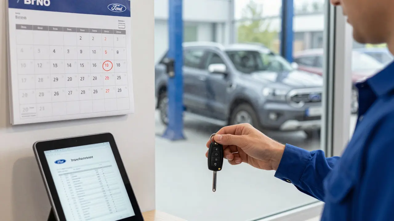 Voditel předává klíče mechanikovi při technické prohlídce v servisu.