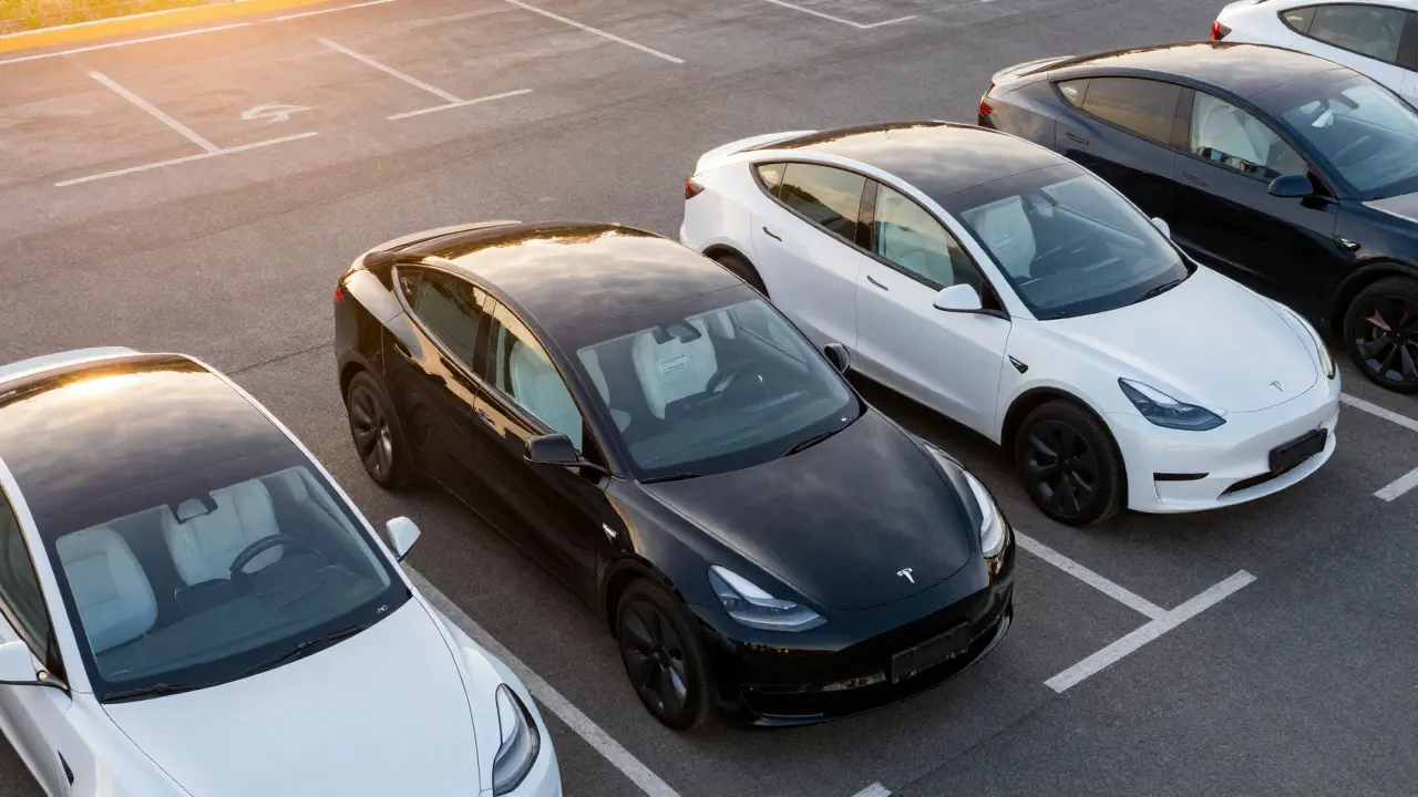 Zánovní Tesla na parkovišti s nízkým nájezdem a bez počasí.