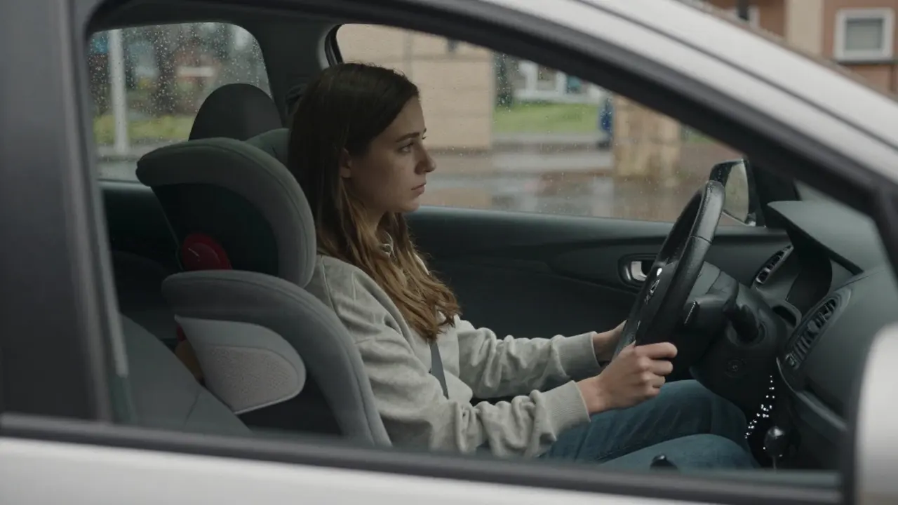 Žena sedí sama v autě Opel Corsa před dětskou klinikou, dešťové kapky na skle.