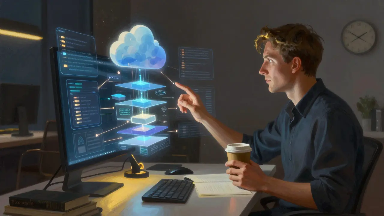 Architekt softwaru pracuje na finančních algoritmech v noční kanceláři.