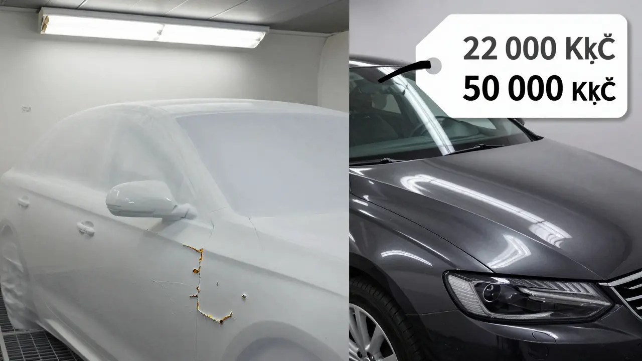 Contrast between poor-quality peeling car paint and premium glossy finish, side-by-side under different lighting conditions.