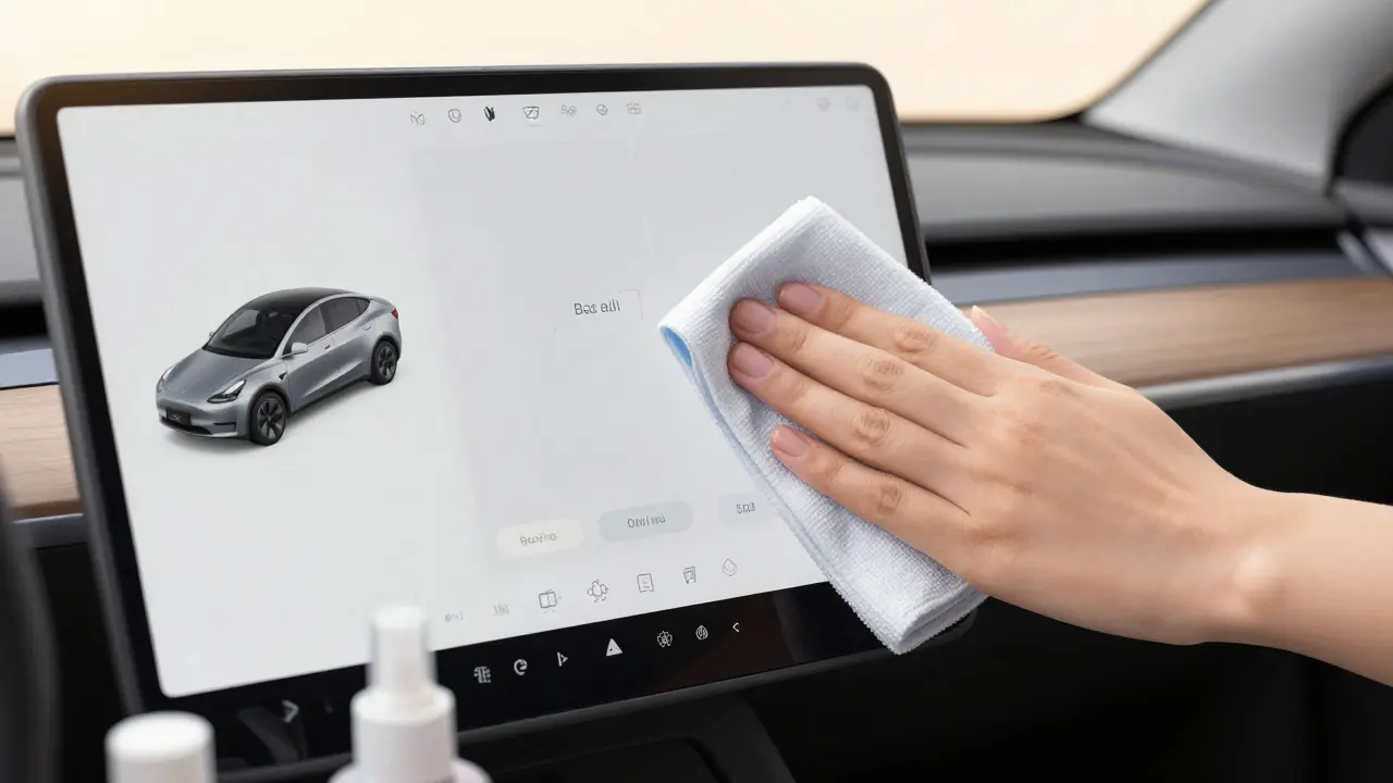 Detailní pohled na čištění dotykové obrazovky Tesla jemnou mikrovláknovou utěrkou při měkkém osvětlení.